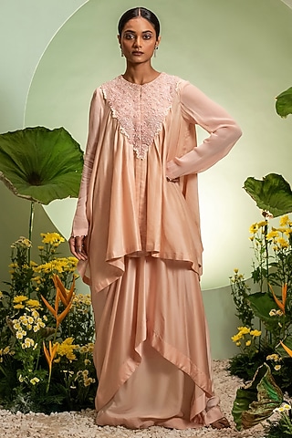 Pink Chanderi Satin Skirt Set by Pallavi Poddar (India)