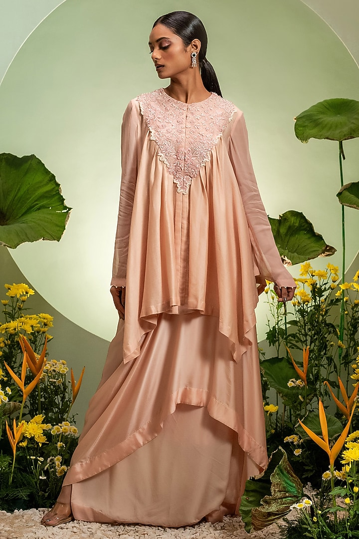 Pink Chanderi Satin Skirt Set by Pallavi Poddar (India) at Pernia's Pop Up Shop