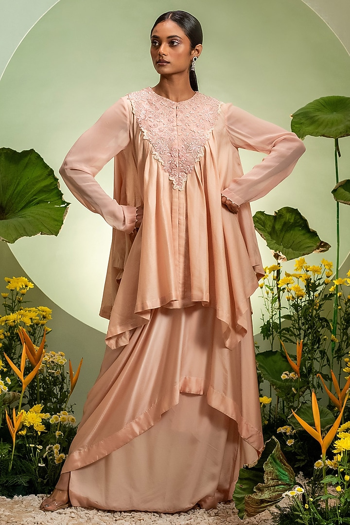 Pink Chanderi Satin Skirt Set by Pallavi Poddar (India) at Pernia's Pop Up Shop