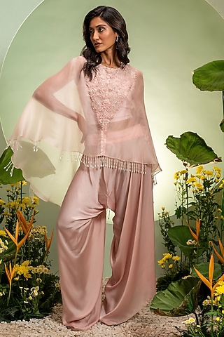 Pink Organza Satin Cutdana Embroidered Cape Set by Pallavi Poddar (India)