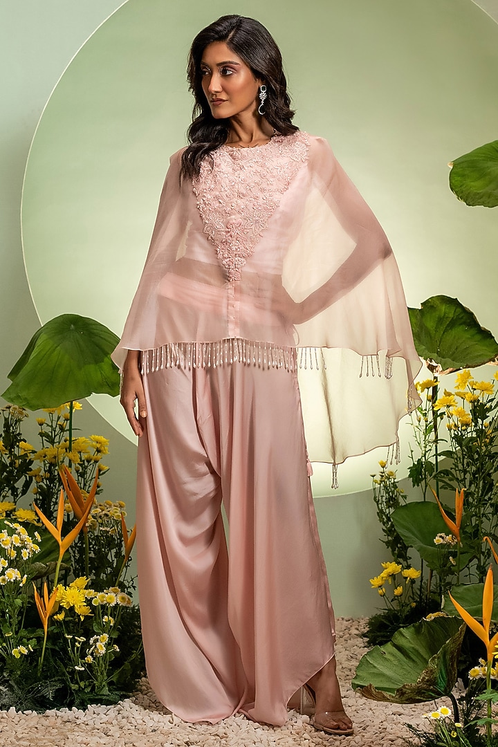 Pink Organza Satin Cutdana Embroidered Cape Set by Pallavi Poddar (India) at Pernia's Pop Up Shop