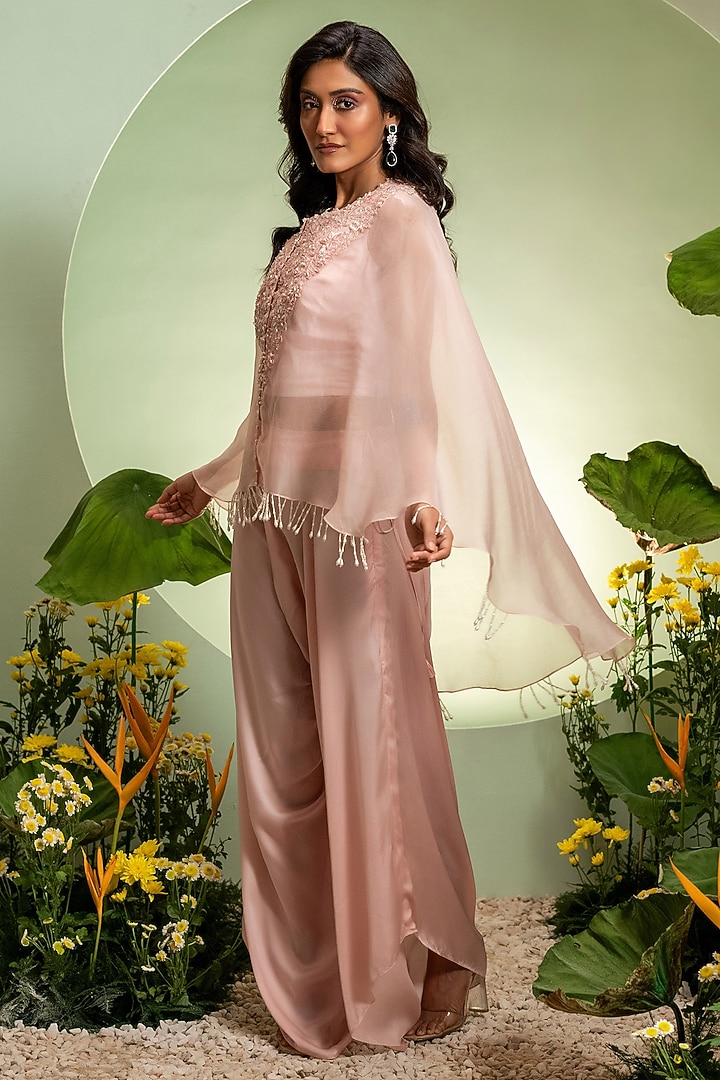 Pink Organza Satin Cutdana Embroidered Cape Set by Pallavi Poddar (India) at Pernia's Pop Up Shop
