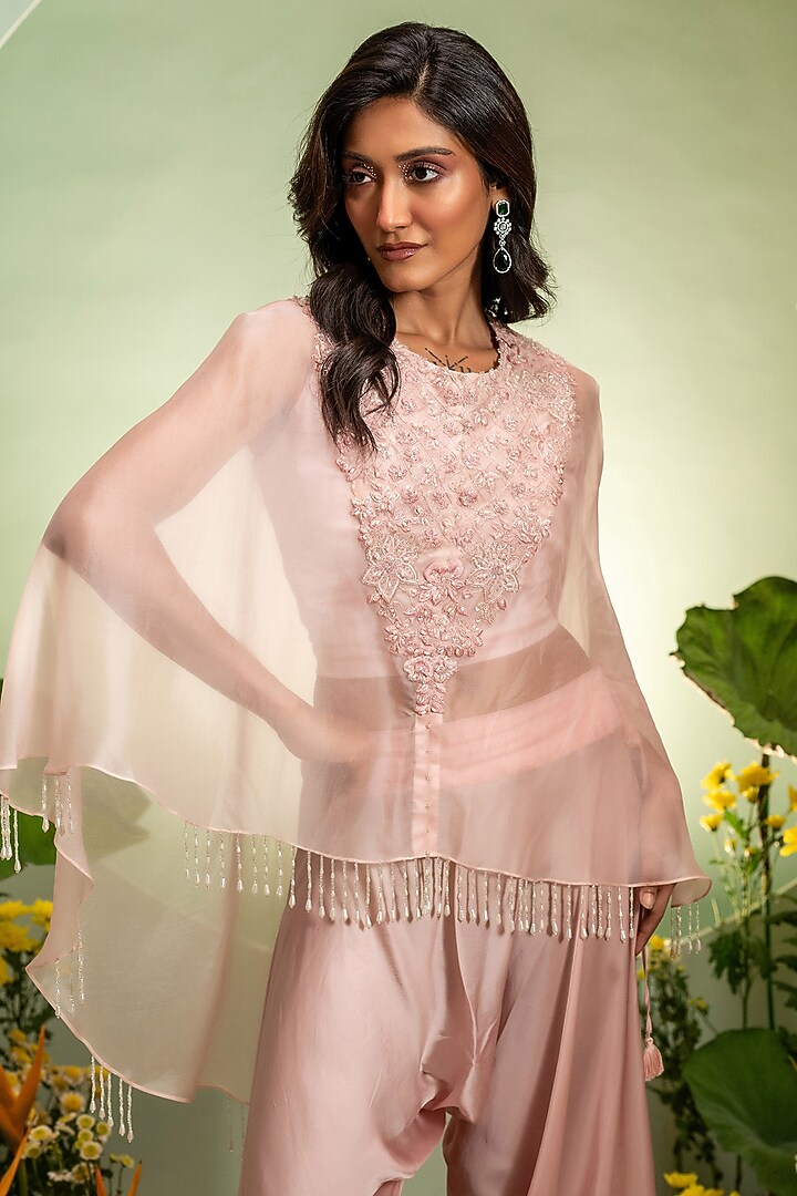 Pink Organza Satin Cutdana Embroidered Cape Set by Pallavi Poddar (India) at Pernia's Pop Up Shop