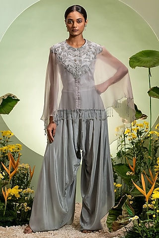 Grey Organza Satin Cutdana Embroidered Cape Set by Pallavi Poddar (India)