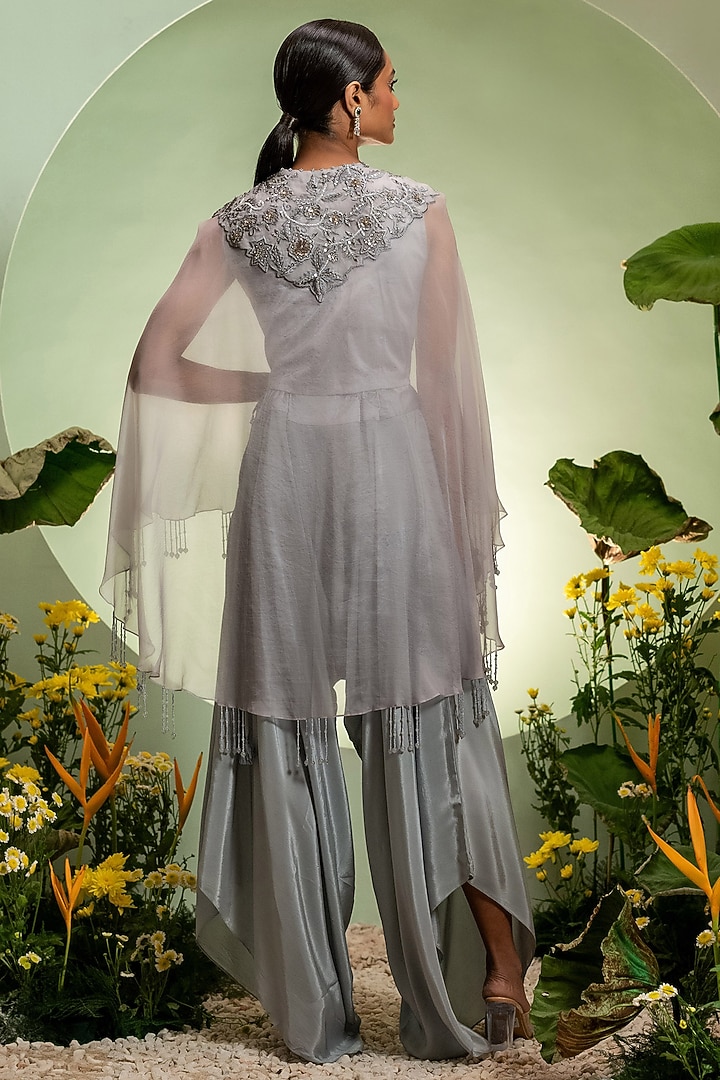 Grey Organza Satin Cutdana Embroidered Cape Set by Pallavi Poddar (India) at Pernia's Pop Up Shop
