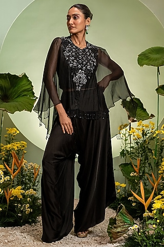 Black Organza Satin Cutdana Embroidered Cape Set by Pallavi Poddar (India)