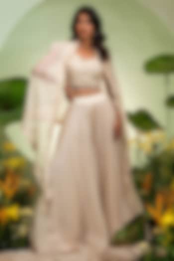 Ivory Organza Satin Cutdana Work Cape Set by Pallavi Poddar (India) at Pernia's Pop Up Shop