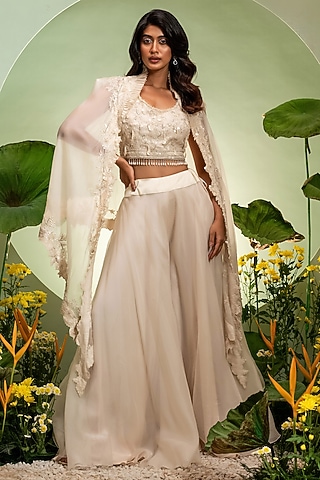 Ivory Organza Satin Cutdana Work Cape Set by Pallavi Poddar (India)