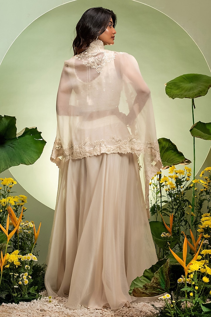 Ivory Organza Satin Cutdana Work Cape Set by Pallavi Poddar (India) at Pernia's Pop Up Shop