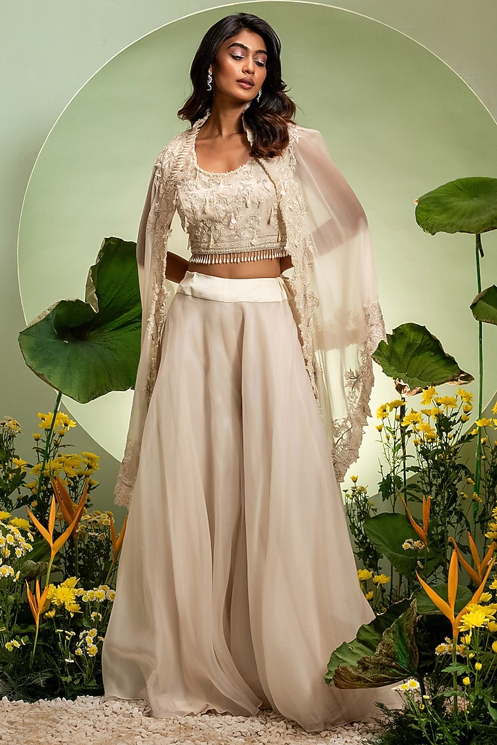 Ivory Organza Satin Cutdana Work Cape Set by Pallavi Poddar (India) at Pernia's Pop Up Shop