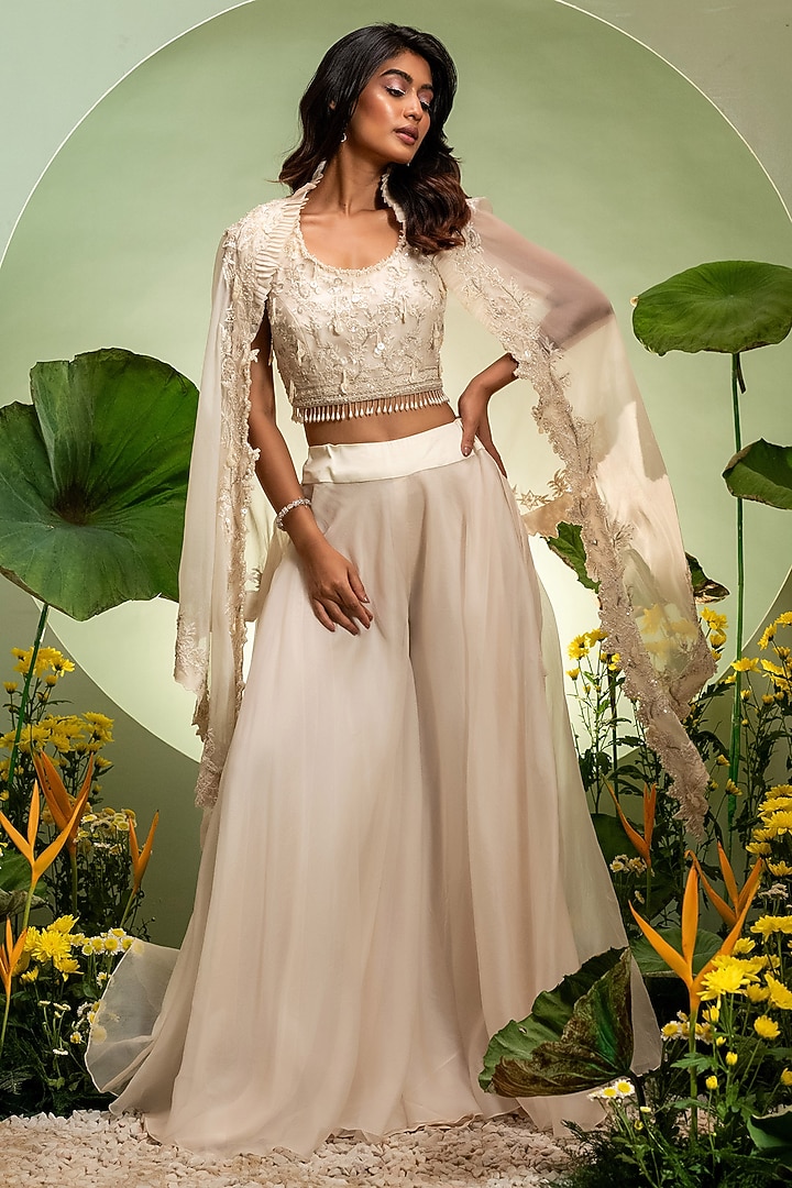 Ivory Organza Satin Cutdana Work Cape Set by Pallavi Poddar (India) at Pernia's Pop Up Shop
