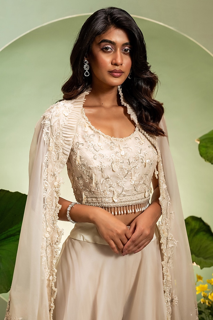 Ivory Organza Satin Cutdana Work Cape Set by Pallavi Poddar (India) at Pernia's Pop Up Shop