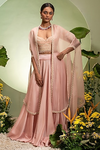 Pink Chanderi Organza Cutdana Work Cape Set by Pallavi Poddar (India)