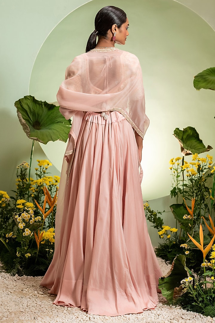 Pink Chanderi Organza Cutdana Work Cape Set by Pallavi Poddar (India) at Pernia's Pop Up Shop