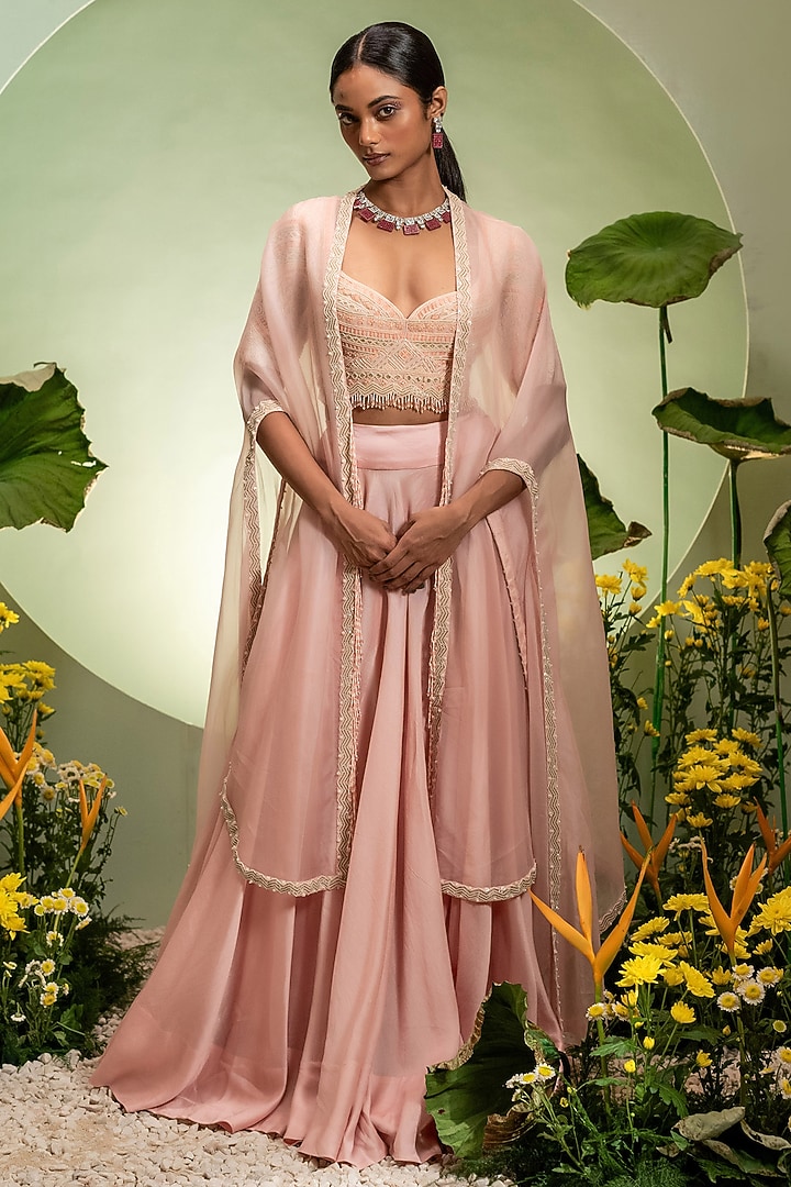 Pink Chanderi Organza Cutdana Work Cape Set by Pallavi Poddar (India) at Pernia's Pop Up Shop