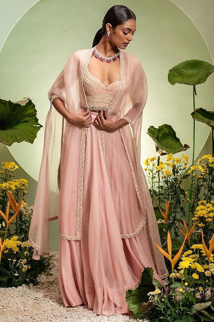 Pink Chanderi Organza Cutdana Work Cape Set by Pallavi Poddar (India) at Pernia's Pop Up Shop