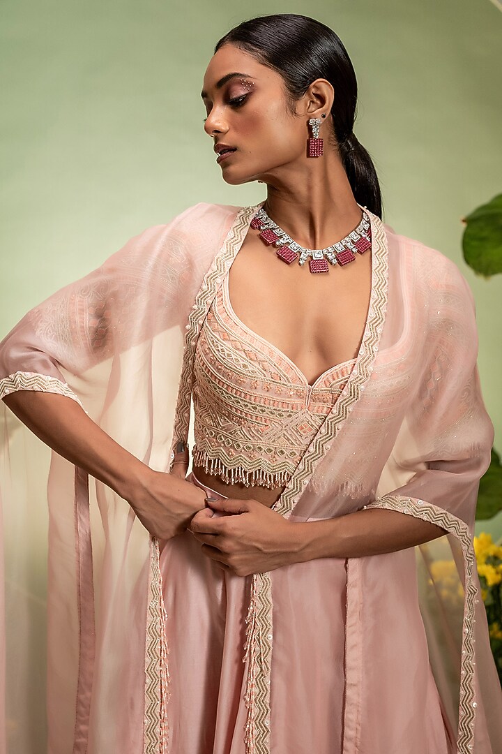 Pink Chanderi Organza Cutdana Work Cape Set by Pallavi Poddar (India) at Pernia's Pop Up Shop