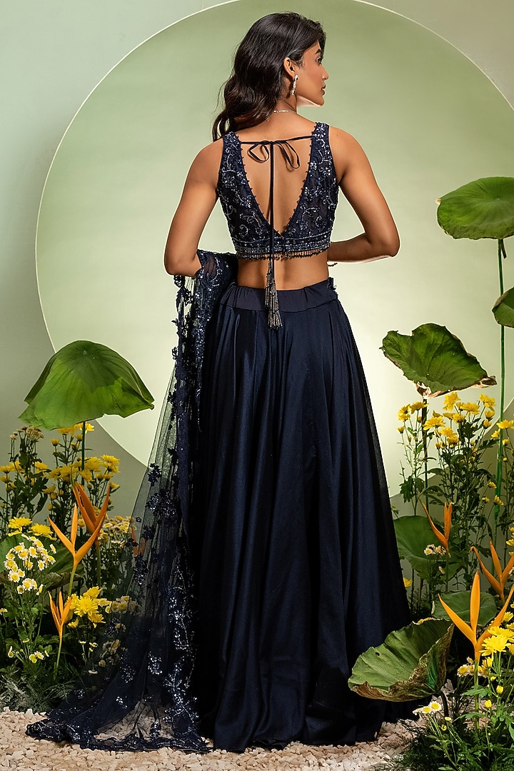 Navy Blue Chanderi Net Cutdana Work Skirt Set by Pallavi Poddar (India) at Pernia's Pop Up Shop