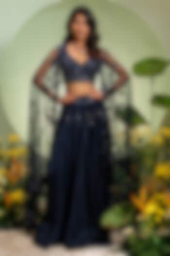 Navy Blue Chanderi Net Cutdana Work Skirt Set by Pallavi Poddar (India) at Pernia's Pop Up Shop