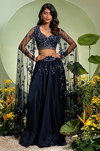 Navy Blue Chanderi Net Cutdana Work Skirt Set by Pallavi Poddar (India)