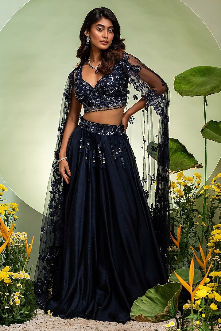 Navy Blue Chanderi Net Cutdana Work Skirt Set by Pallavi Poddar (India) at Pernia's Pop Up Shop