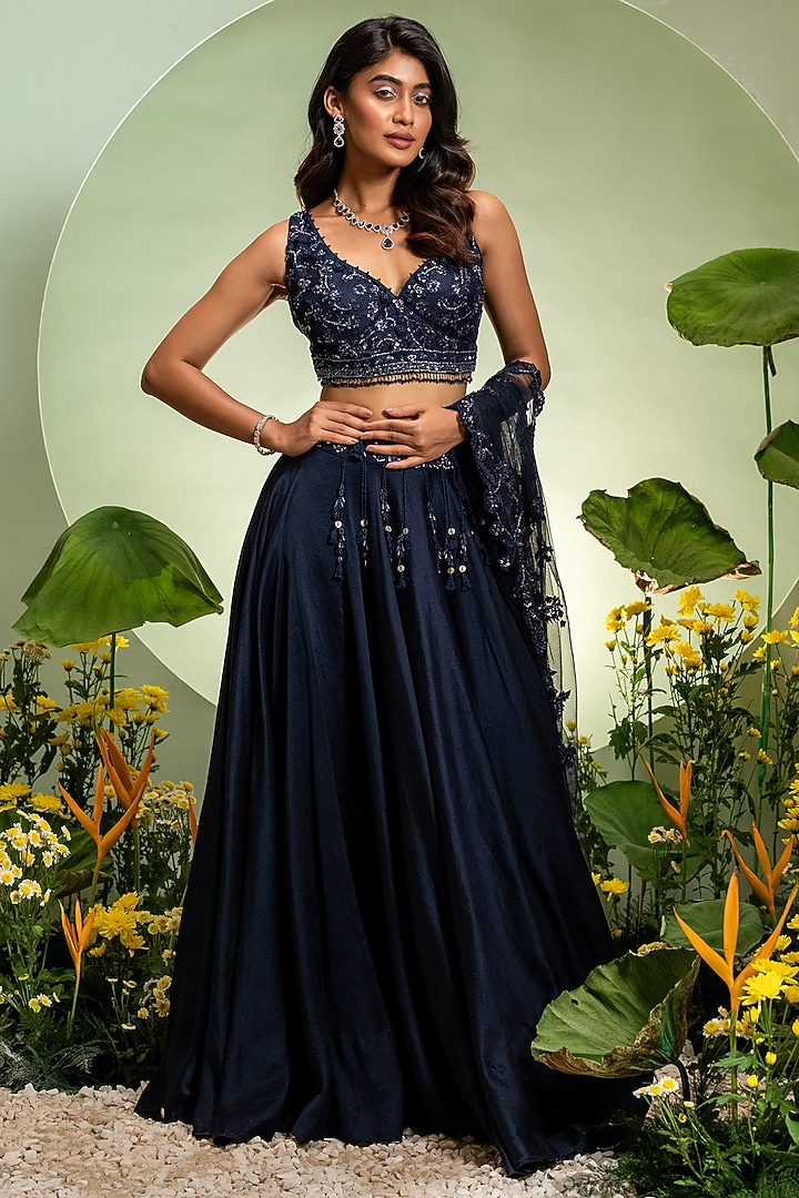 Navy Blue Chanderi Net Cutdana Work Skirt Set by Pallavi Poddar (India) at Pernia's Pop Up Shop