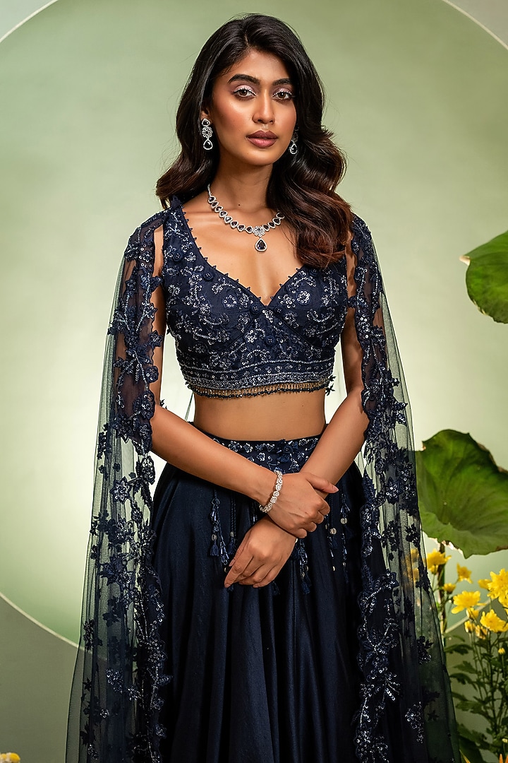 Navy Blue Chanderi Net Cutdana Work Skirt Set by Pallavi Poddar (India) at Pernia's Pop Up Shop