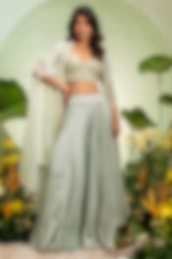 Aqua Chanderi Net Cutdana Work Cape Set by Pallavi Poddar (India) at Pernia's Pop Up Shop