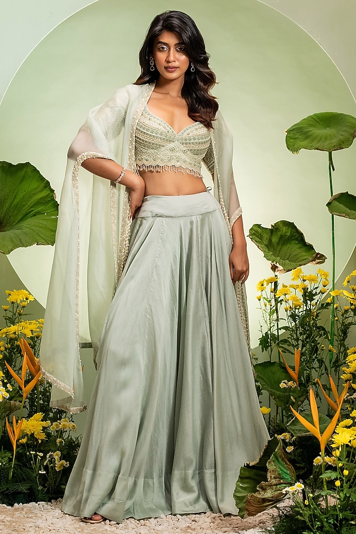 Aqua Chanderi Net Cutdana Work Cape Set by Pallavi Poddar (India) at Pernia's Pop Up Shop