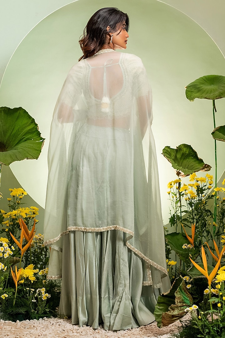 Aqua Chanderi Net Cutdana Work Cape Set by Pallavi Poddar (India) at Pernia's Pop Up Shop