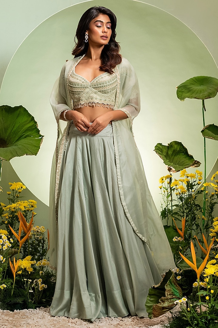 Aqua Chanderi Net Cutdana Work Cape Set by Pallavi Poddar (India) at Pernia's Pop Up Shop