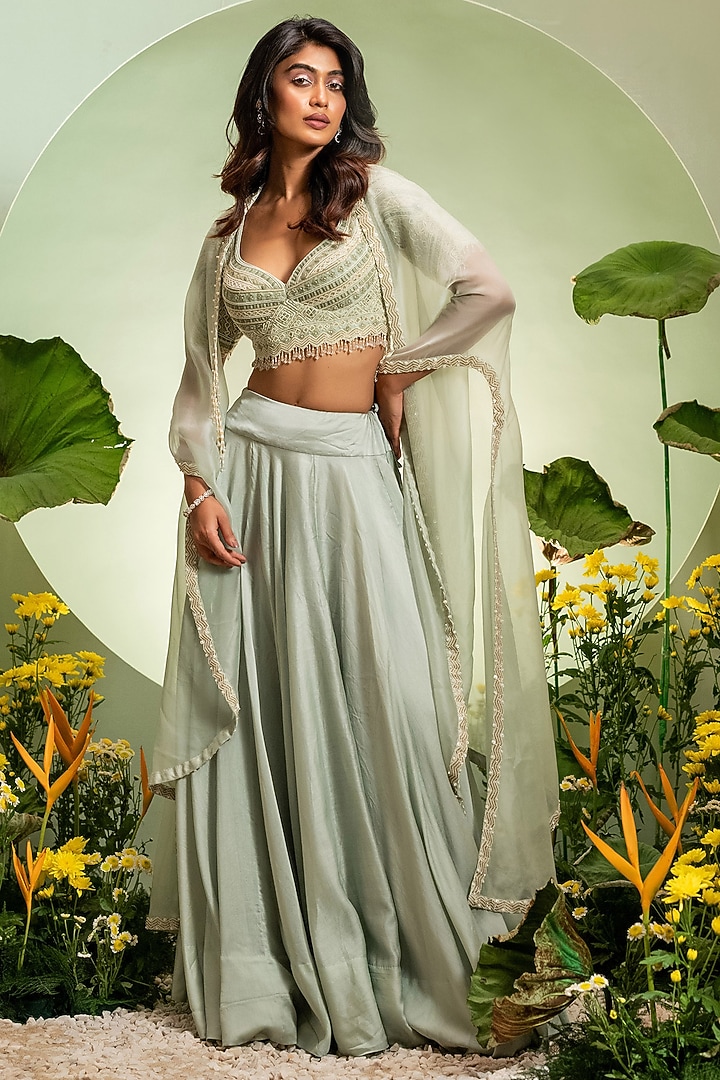 Aqua Chanderi Net Cutdana Work Cape Set by Pallavi Poddar (India) at Pernia's Pop Up Shop