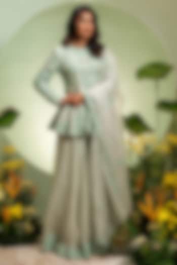 Aqua Organza Thread Work Skirt Set by Pallavi Poddar (India) at Pernia's Pop Up Shop