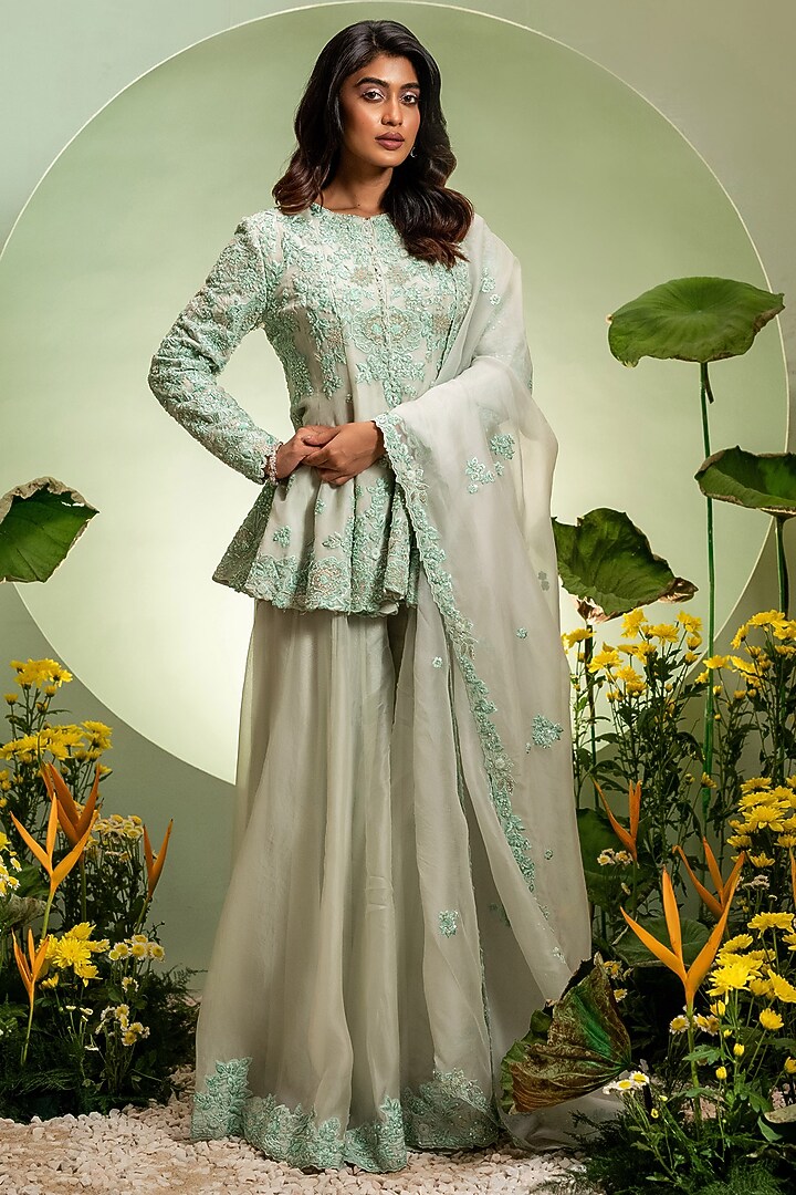 Aqua Organza Thread Work Skirt Set by Pallavi Poddar (India) at Pernia's Pop Up Shop