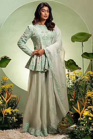 Aqua Organza Thread Work Skirt Set by Pallavi Poddar (India)