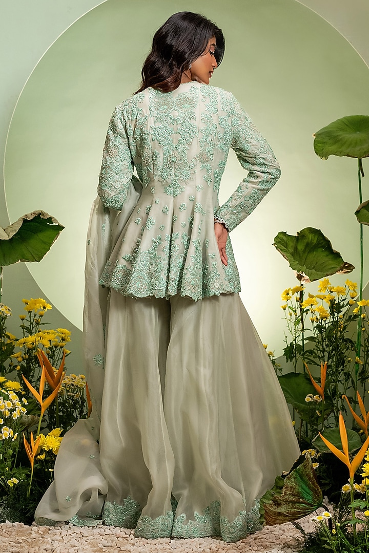 Aqua Organza Thread Work Skirt Set by Pallavi Poddar (India) at Pernia's Pop Up Shop