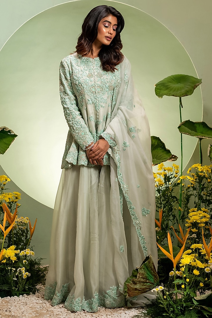Aqua Organza Thread Work Skirt Set by Pallavi Poddar (India) at Pernia's Pop Up Shop