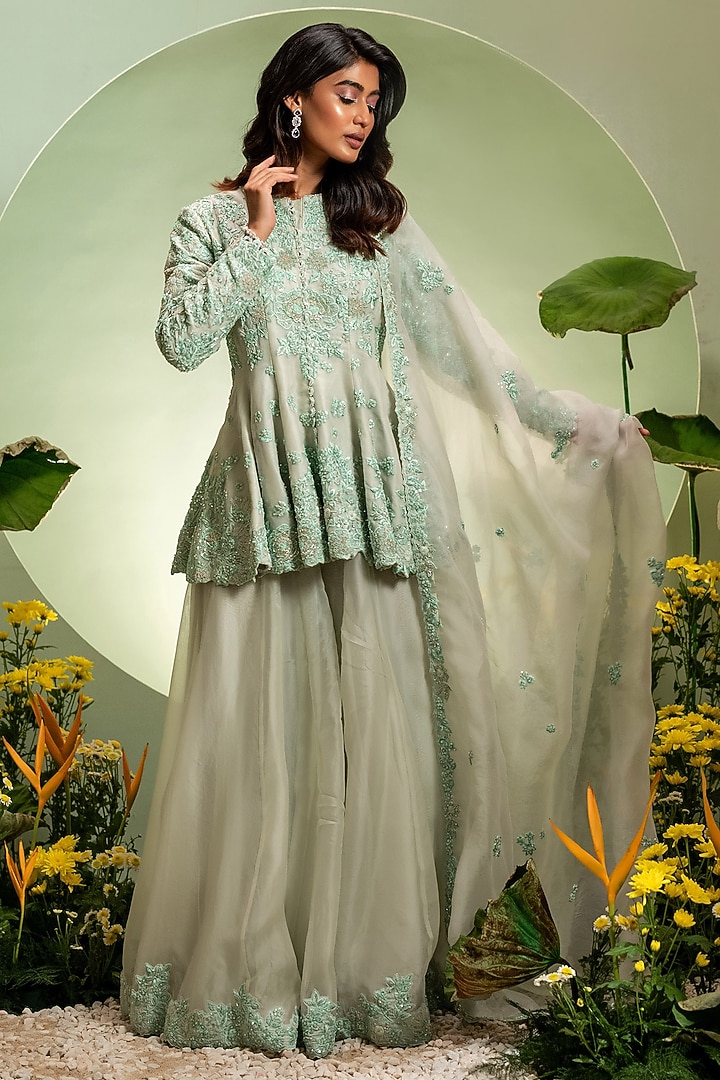 Aqua Organza Thread Work Skirt Set by Pallavi Poddar (India) at Pernia's Pop Up Shop