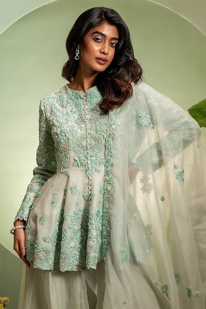 Aqua Organza Thread Work Skirt Set by Pallavi Poddar (India) at Pernia's Pop Up Shop