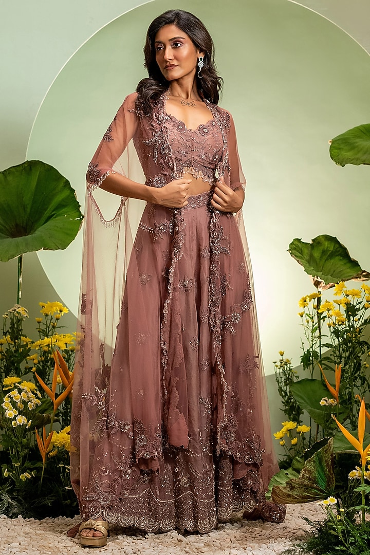 Onion Pink Organza Thread Work Bridal Sharara Set by Pallavi Poddar (India) at Pernia's Pop Up Shop
