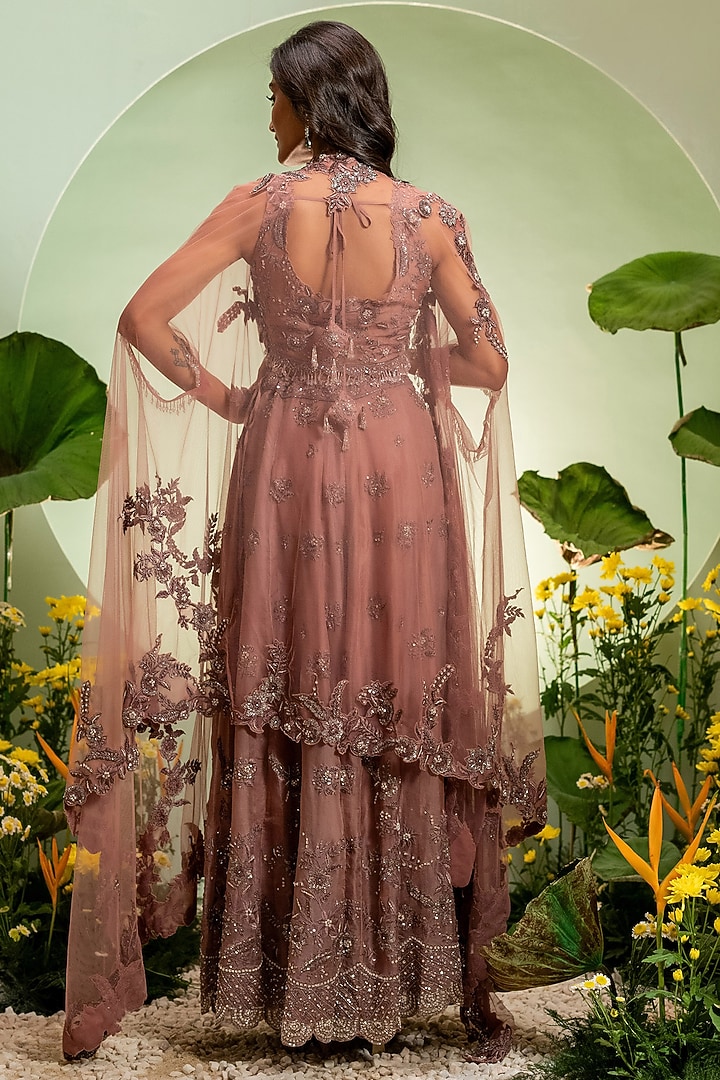 Onion Pink Organza Thread Work Bridal Sharara Set by Pallavi Poddar (India) at Pernia's Pop Up Shop