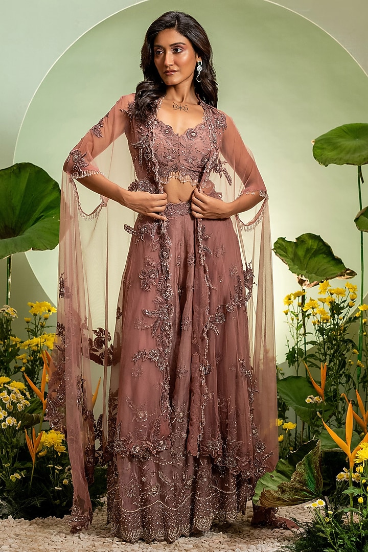 Onion Pink Organza Thread Work Bridal Sharara Set by Pallavi Poddar (India) at Pernia's Pop Up Shop