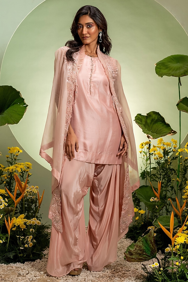Pink Organza Dupion Cape Set by Pallavi Poddar (India) at Pernia's Pop Up Shop