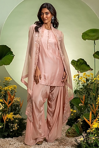 Pink Organza Dupion Cape Set by Pallavi Poddar (India)