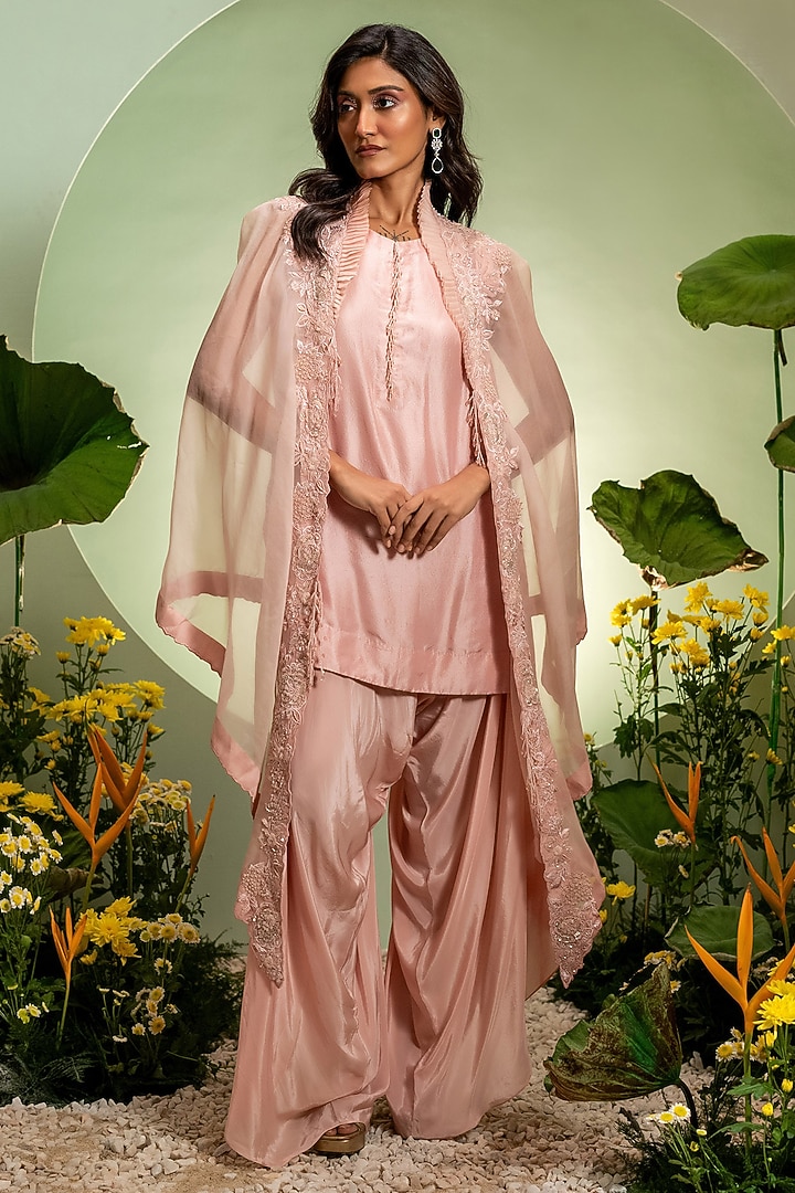 Pink Organza Dupion Cape Set by Pallavi Poddar (India) at Pernia's Pop Up Shop