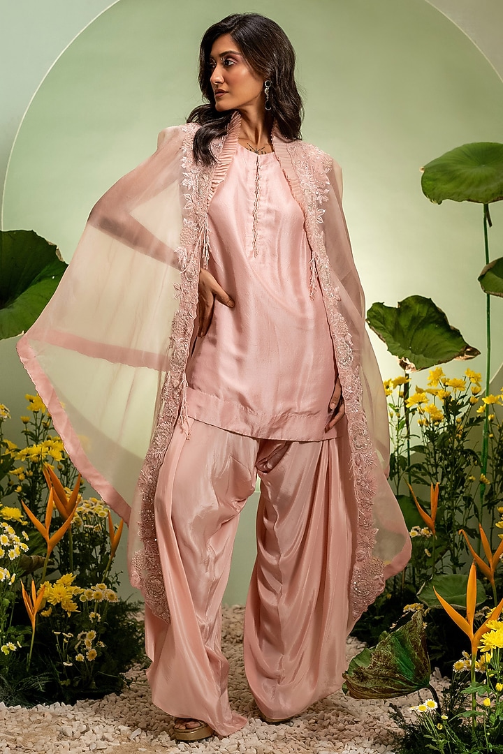 Pink Organza Dupion Cape Set by Pallavi Poddar (India) at Pernia's Pop Up Shop