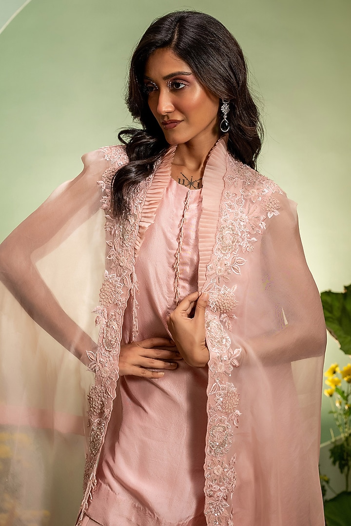 Pink Organza Dupion Cape Set by Pallavi Poddar (India) at Pernia's Pop Up Shop