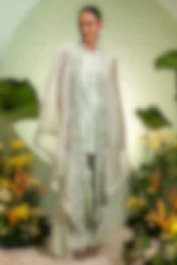 Aqua Organza Satin Dupion Cape Set by Pallavi Poddar (India) at Pernia's Pop Up Shop