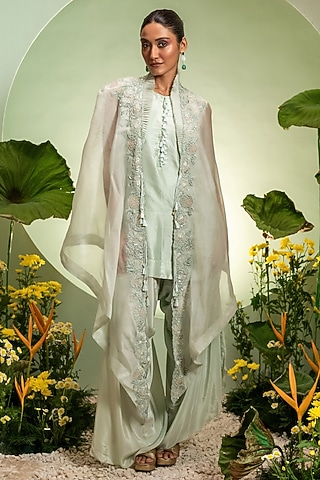 Aqua Organza Satin Dupion Cape Set by Pallavi Poddar (India)