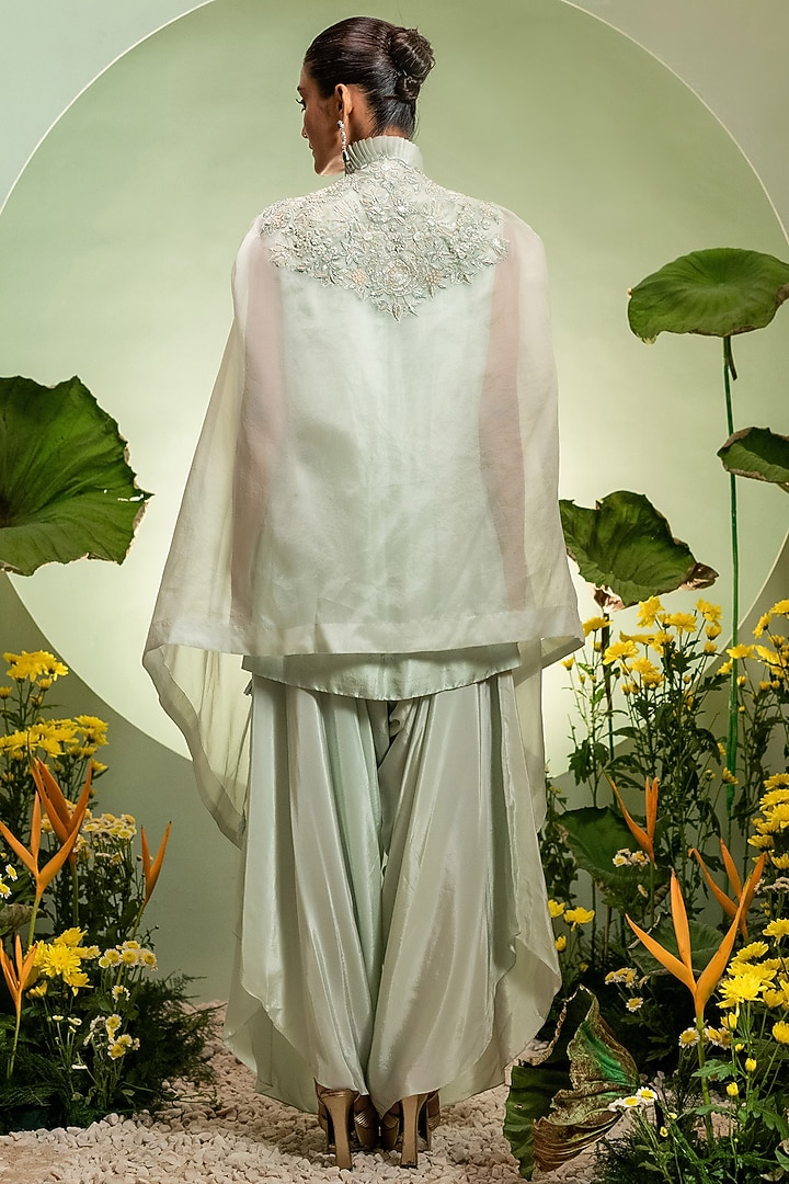Aqua Organza Satin Dupion Cape Set by Pallavi Poddar (India) at Pernia's Pop Up Shop